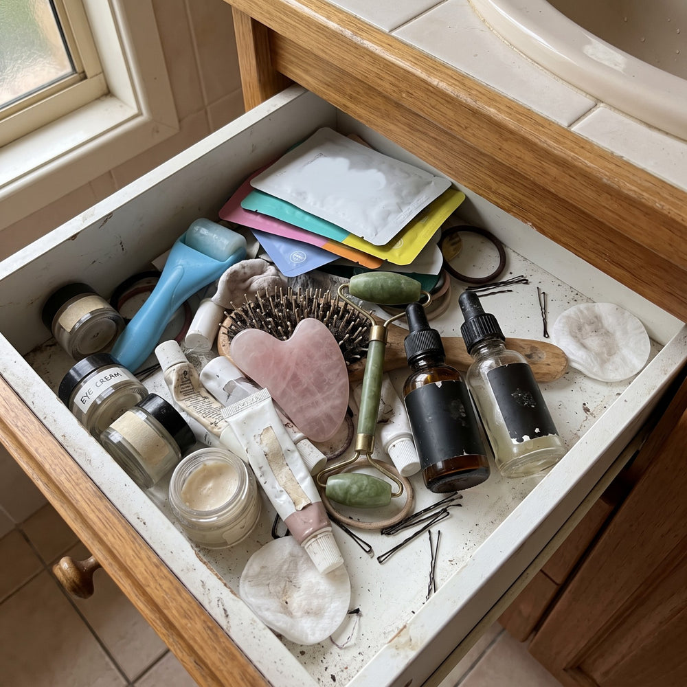 A bathroom drawer full of unused gua sha stones, rollers, oils and eye creams